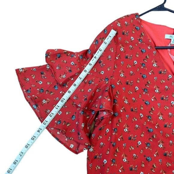 She + Sky Women SZ Large Maroon Floral Multi Mini Dress-Bell Sleeve-Pullover - Picture 6 of 13